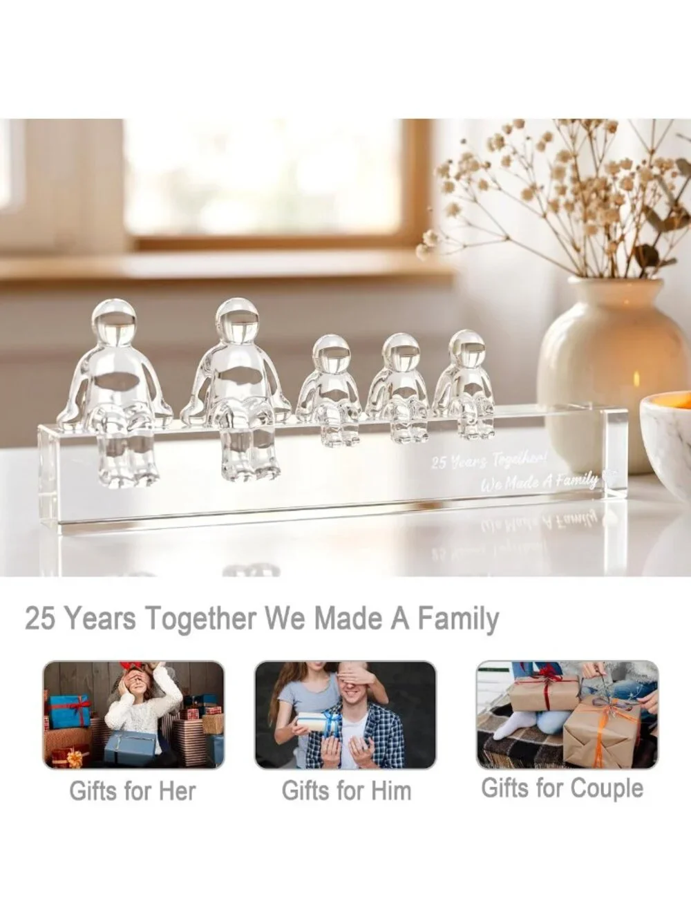 25th Anniversary Gifts for Wife - Crystal Figurines for Couples with 3 Kids